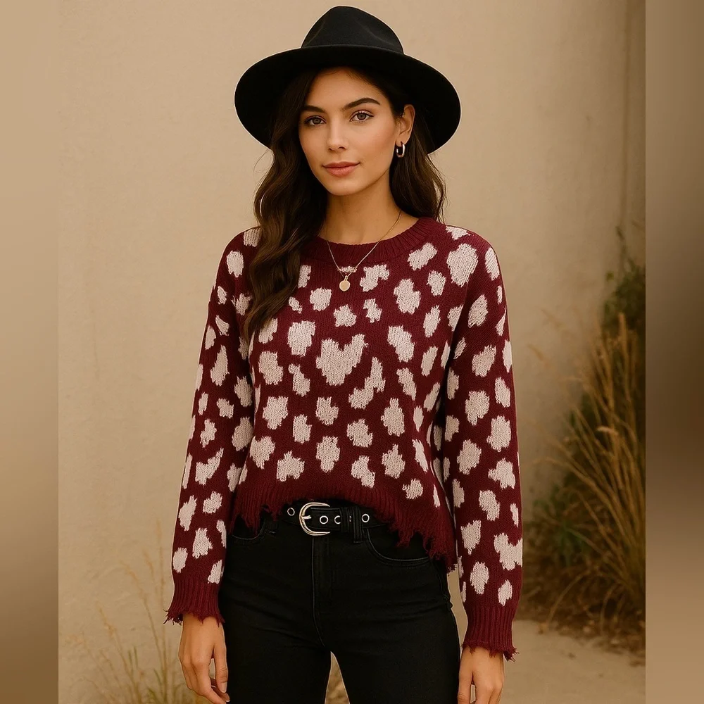 Burgundy Leopard Print Distressed Sweater | Grunge Y2K Cozy Chic | Sz S - Picture 1 of 9